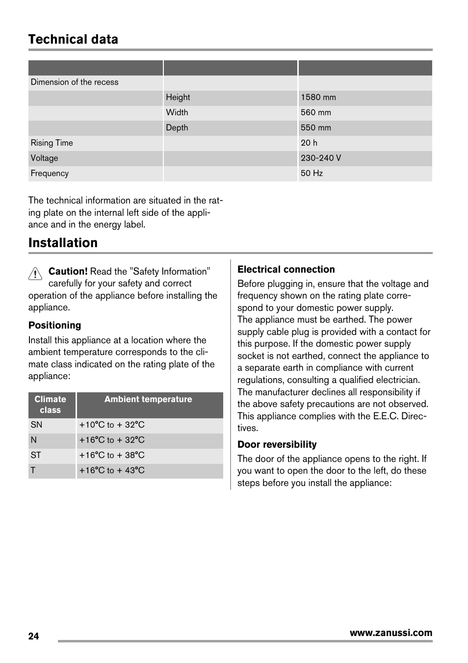 Technical data, Installation | Zanussi ZBB25430SA User Manual | Page 24 / 60