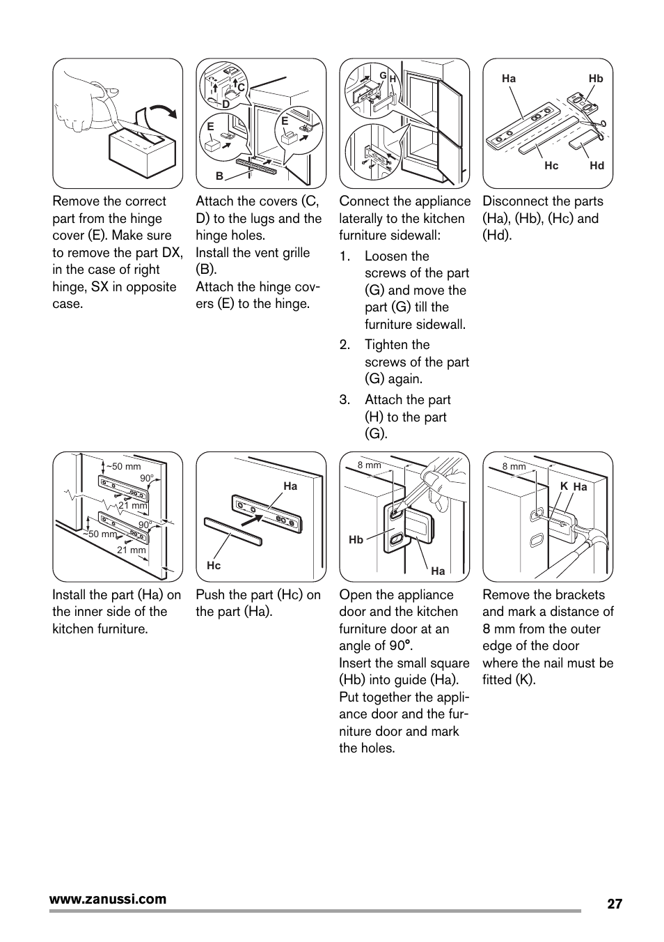 Disconnect the parts (ha), (hb), (hc) and (hd), Push the part (hc) on the part (ha) | Zanussi ZBB25430SA User Manual | Page 27 / 60