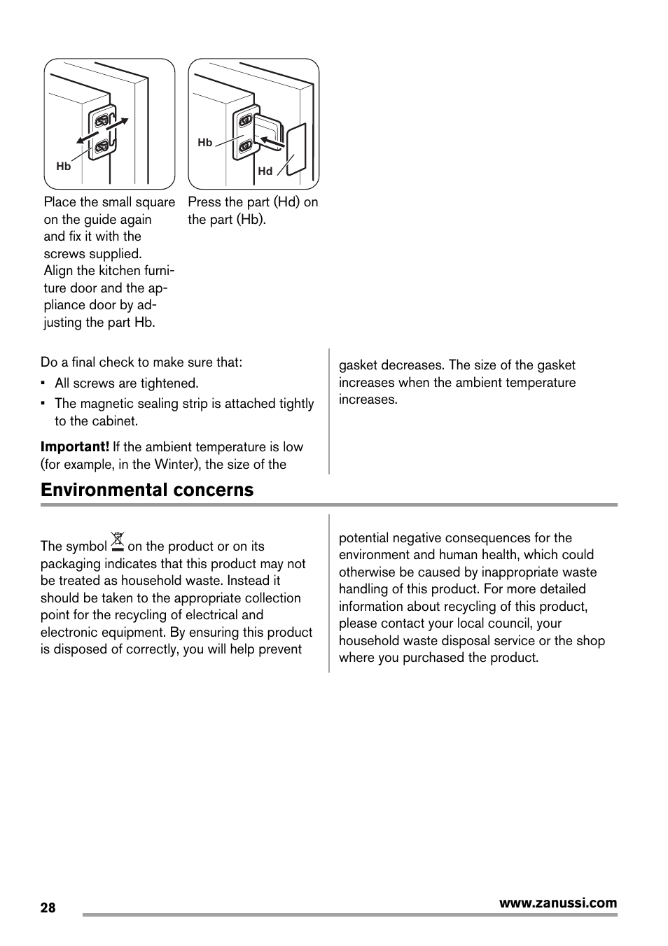 Environmental concerns | Zanussi ZBB25430SA User Manual | Page 28 / 60
