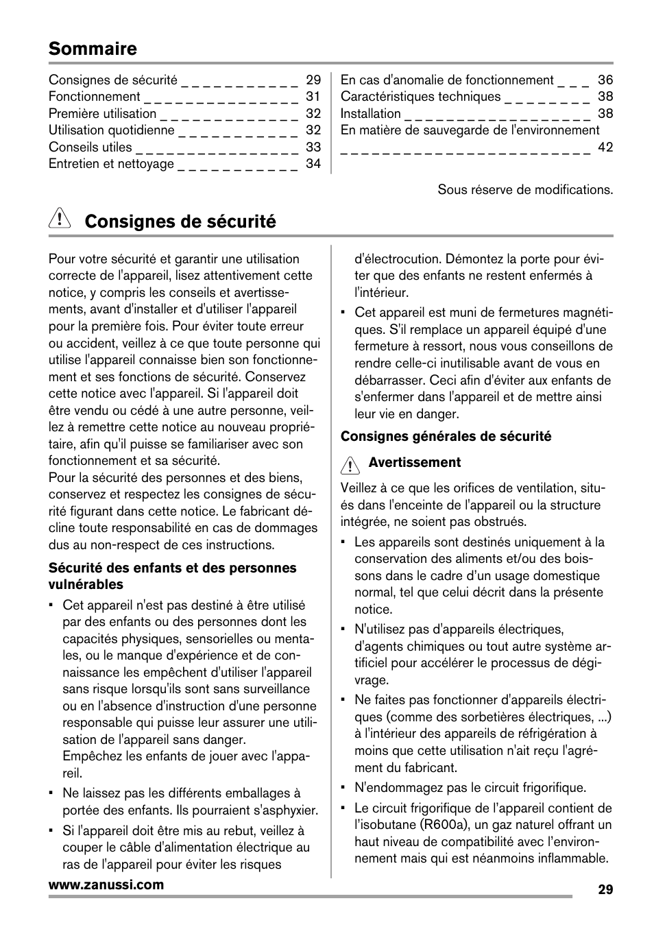 Sommaire, Consignes de sécurité | Zanussi ZBB25430SA User Manual | Page 29 / 60