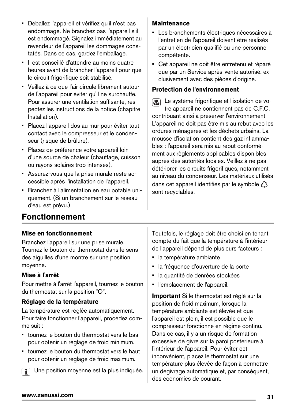 Fonctionnement | Zanussi ZBB25430SA User Manual | Page 31 / 60