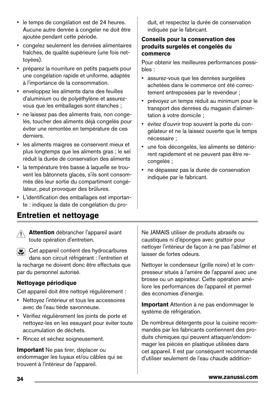 Entretien et nettoyage | Zanussi ZBB25430SA User Manual | Page 34 / 60