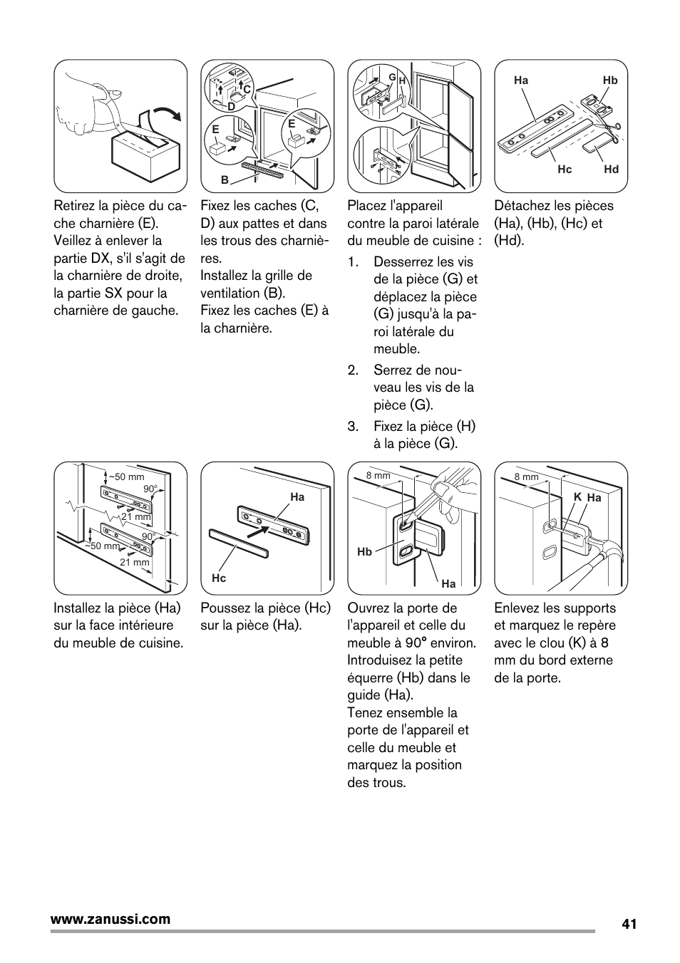 Détachez les pièces (ha), (hb), (hc) et (hd), Poussez la pièce (hc) sur la pièce (ha) | Zanussi ZBB25430SA User Manual | Page 41 / 60