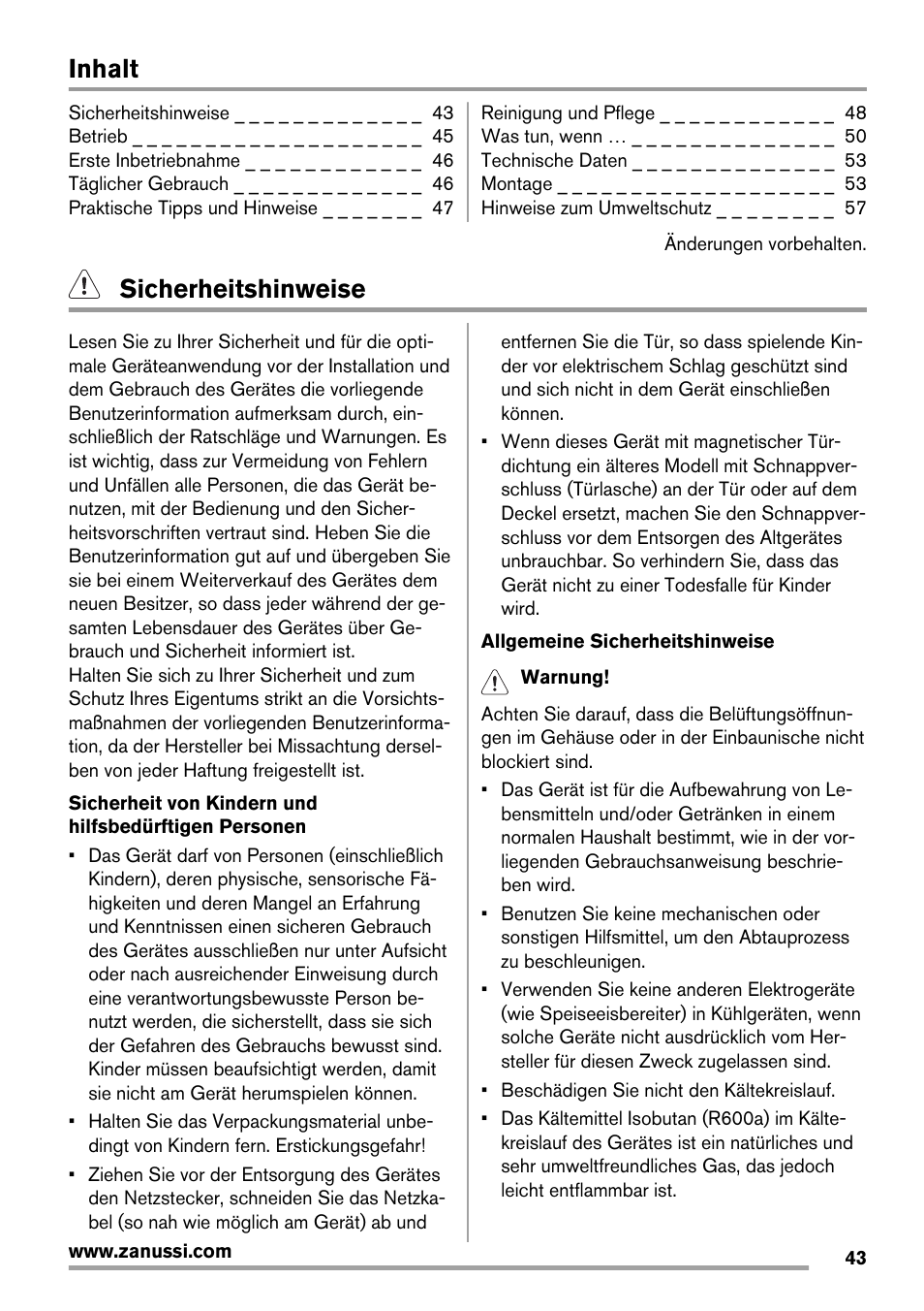 Inhalt, Sicherheitshinweise | Zanussi ZBB25430SA User Manual | Page 43 / 60