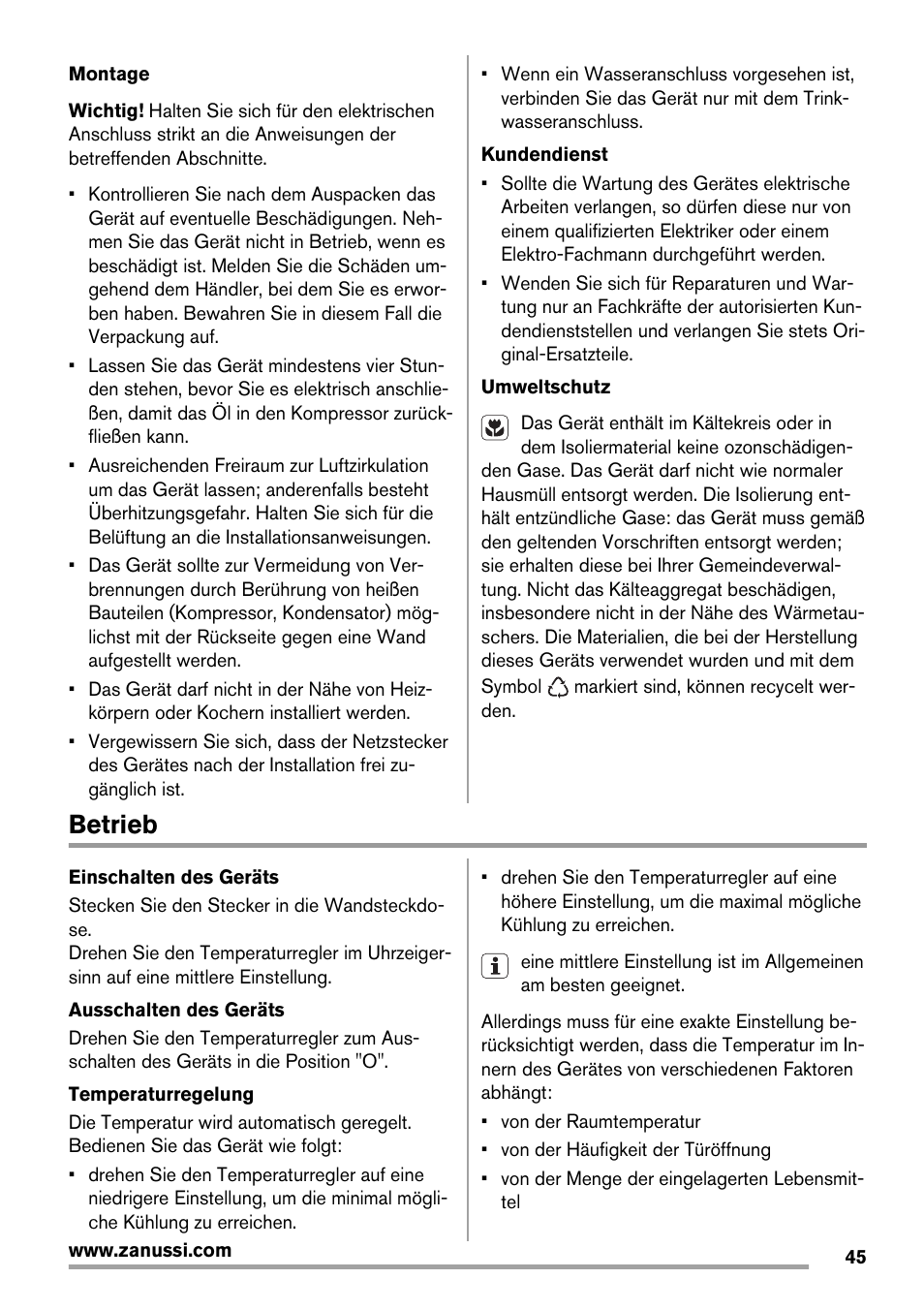 Betrieb | Zanussi ZBB25430SA User Manual | Page 45 / 60
