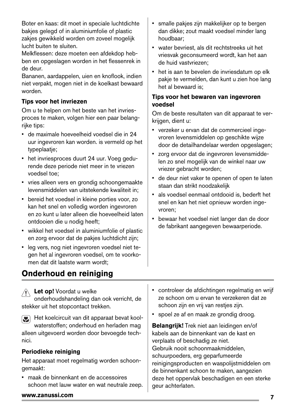 Onderhoud en reiniging | Zanussi ZBB25430SA User Manual | Page 7 / 60