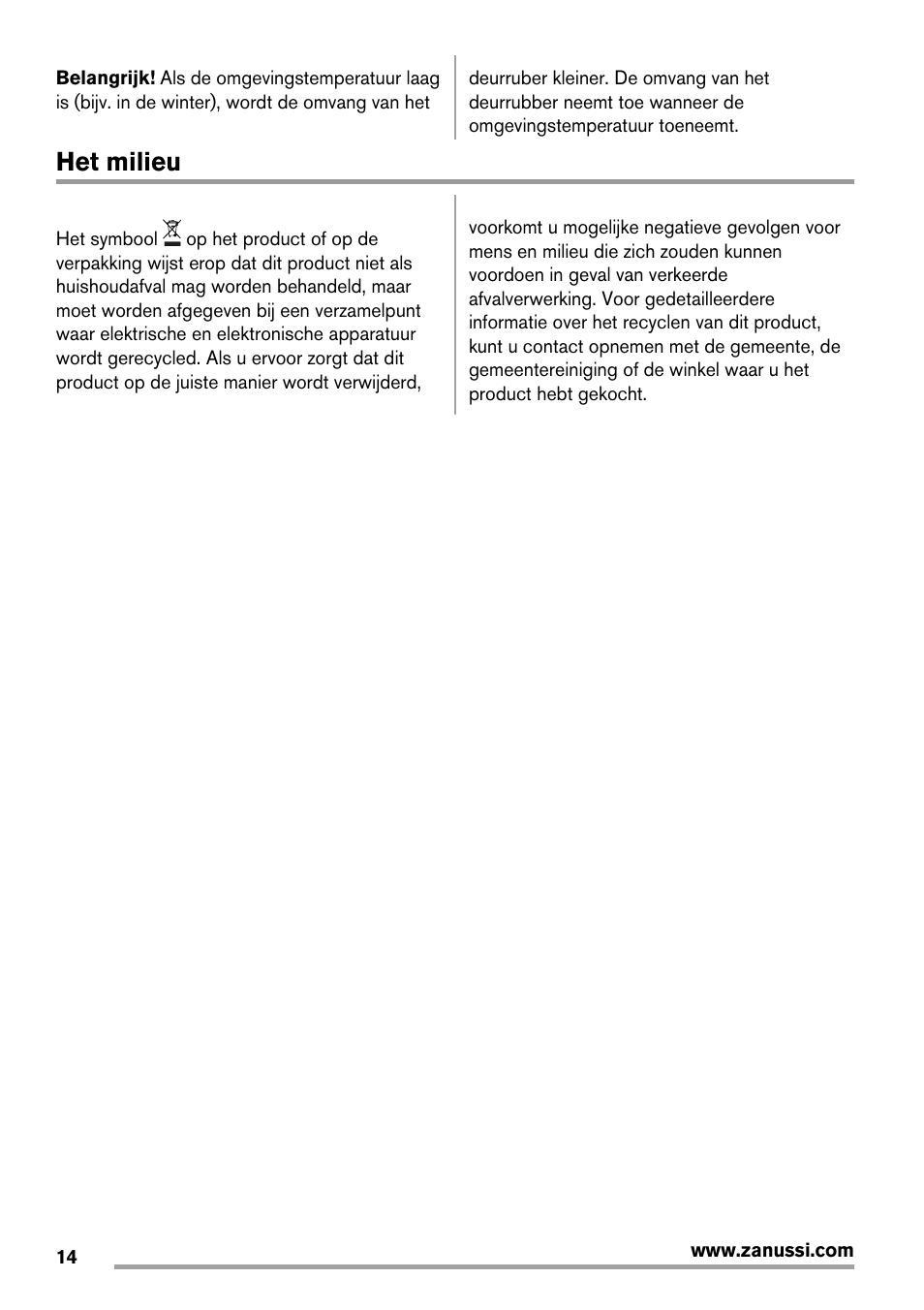 Het milieu | Zanussi ZBB29450SA User Manual | Page 14 / 56