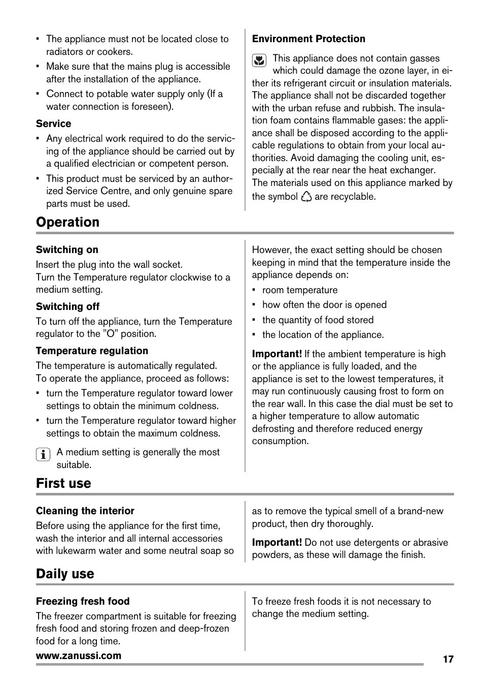 Operation, First use, Daily use | Zanussi ZBB29450SA User Manual | Page 17 / 56