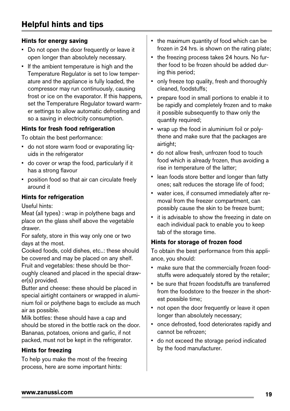Helpful hints and tips | Zanussi ZBB29450SA User Manual | Page 19 / 56