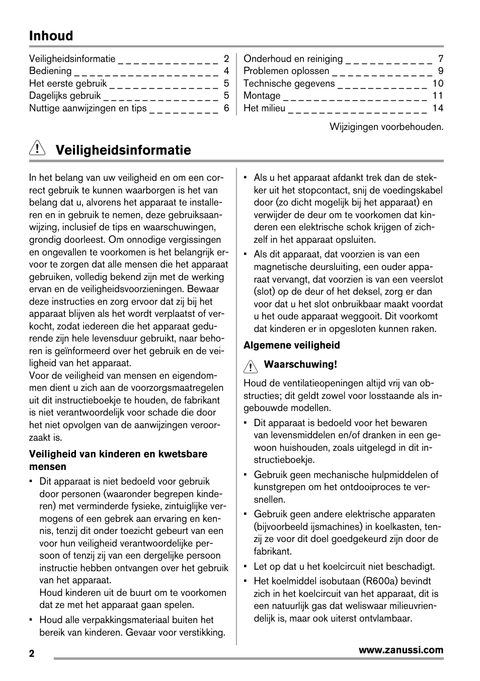 Inhoud, Veiligheidsinformatie | Zanussi ZBB29450SA User Manual | Page 2 / 56