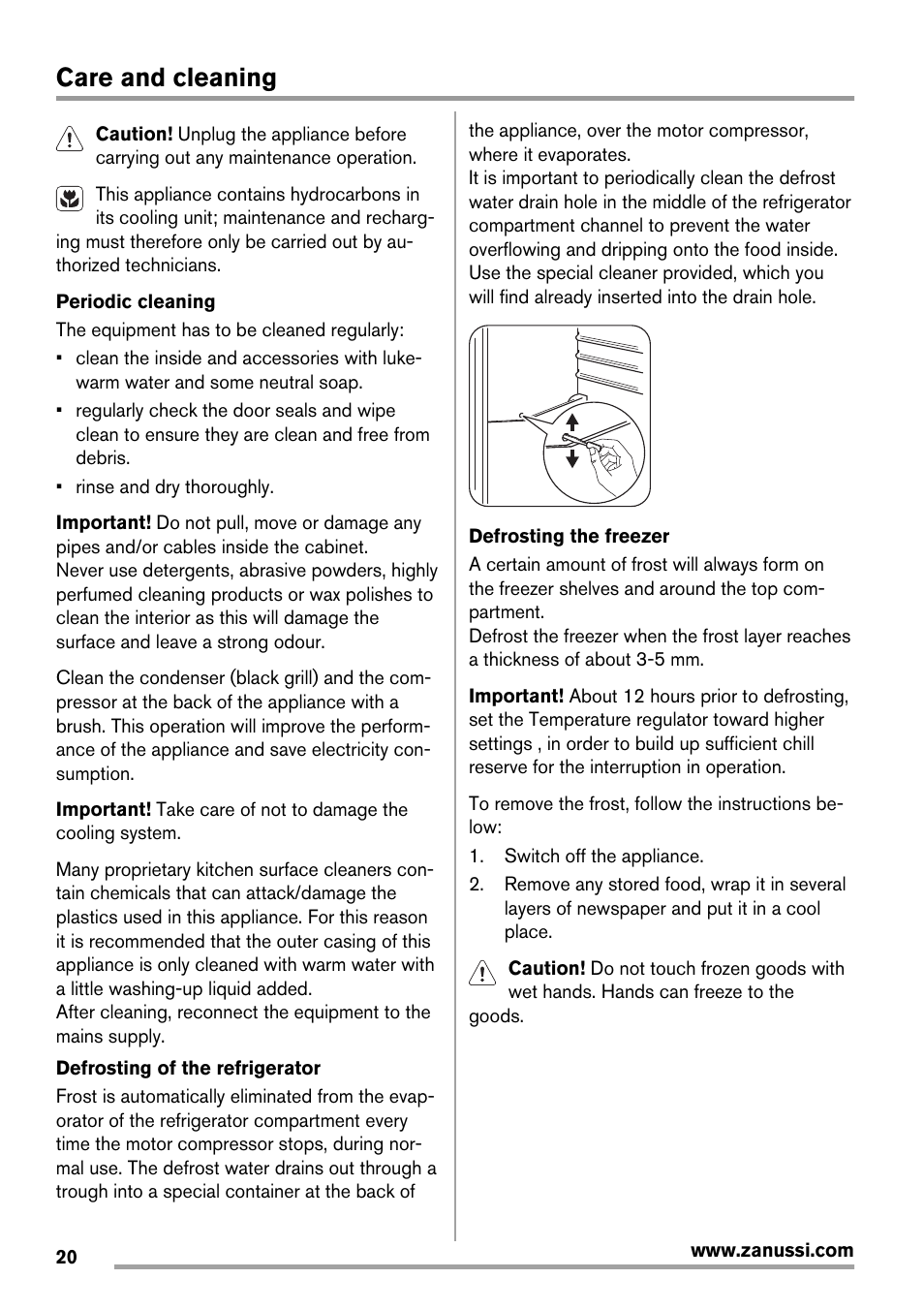 Care and cleaning | Zanussi ZBB29450SA User Manual | Page 20 / 56