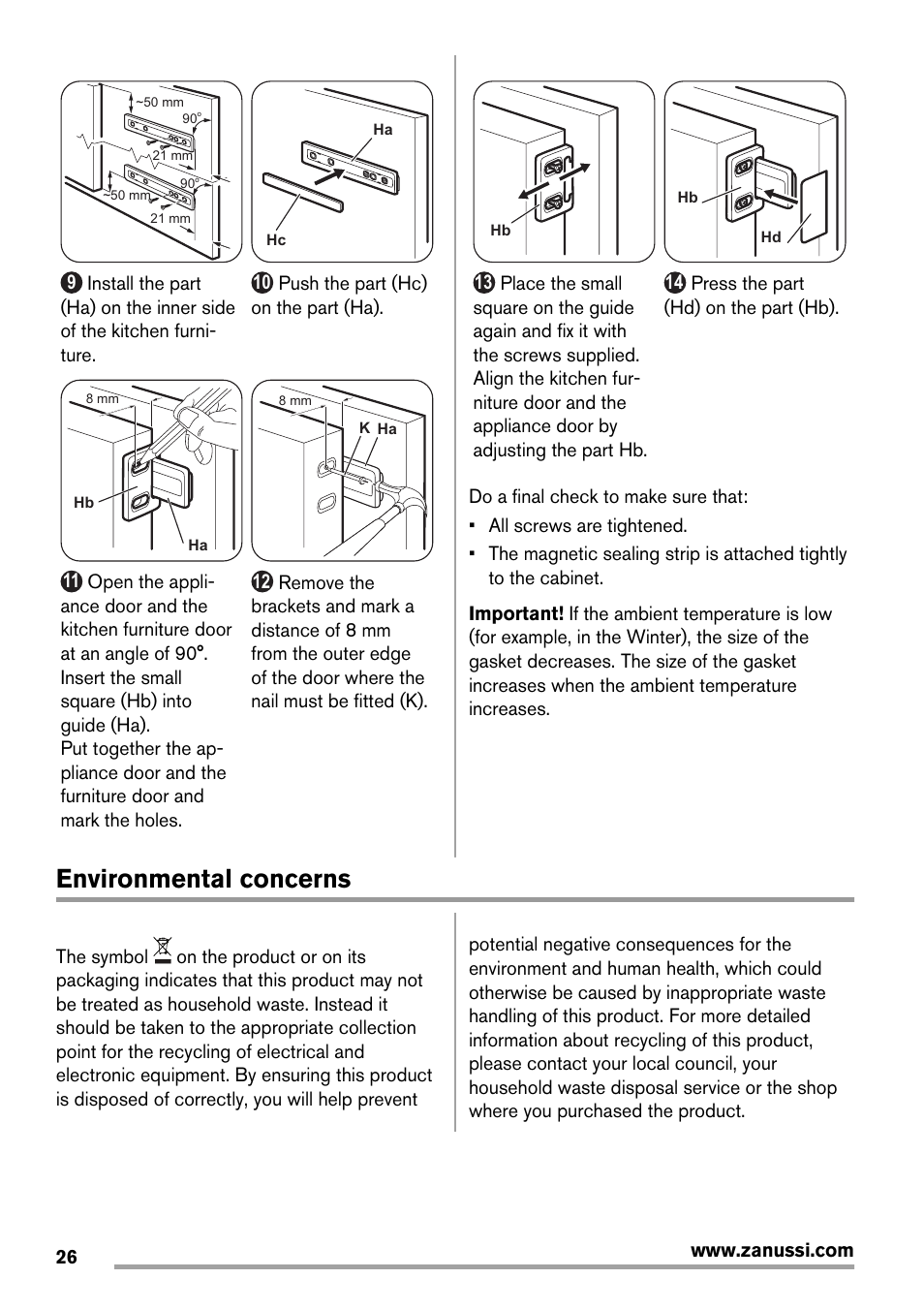 Environmental concerns | Zanussi ZBB29450SA User Manual | Page 26 / 56
