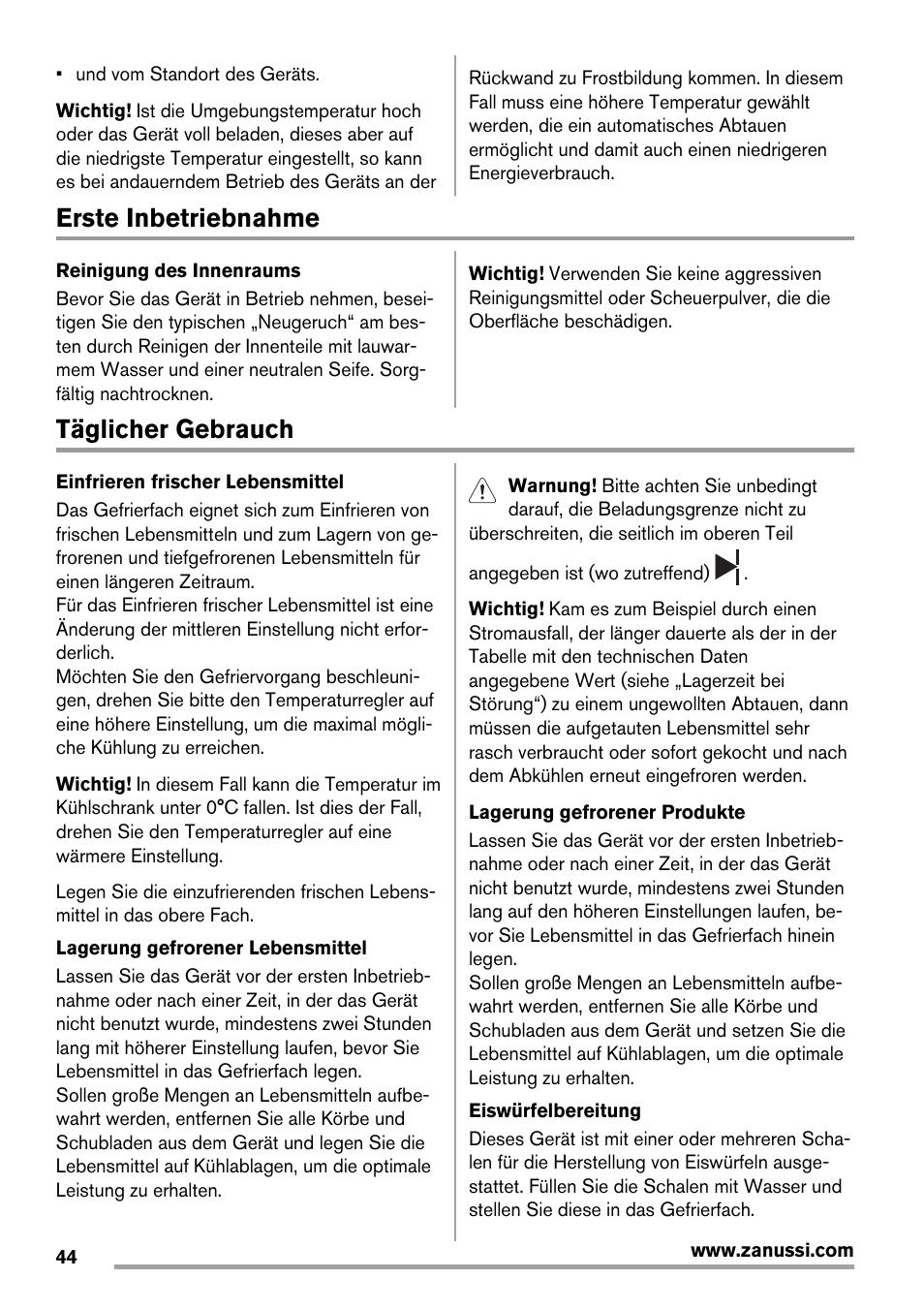 Erste inbetriebnahme, Täglicher gebrauch | Zanussi ZBB29450SA User Manual | Page 44 / 56