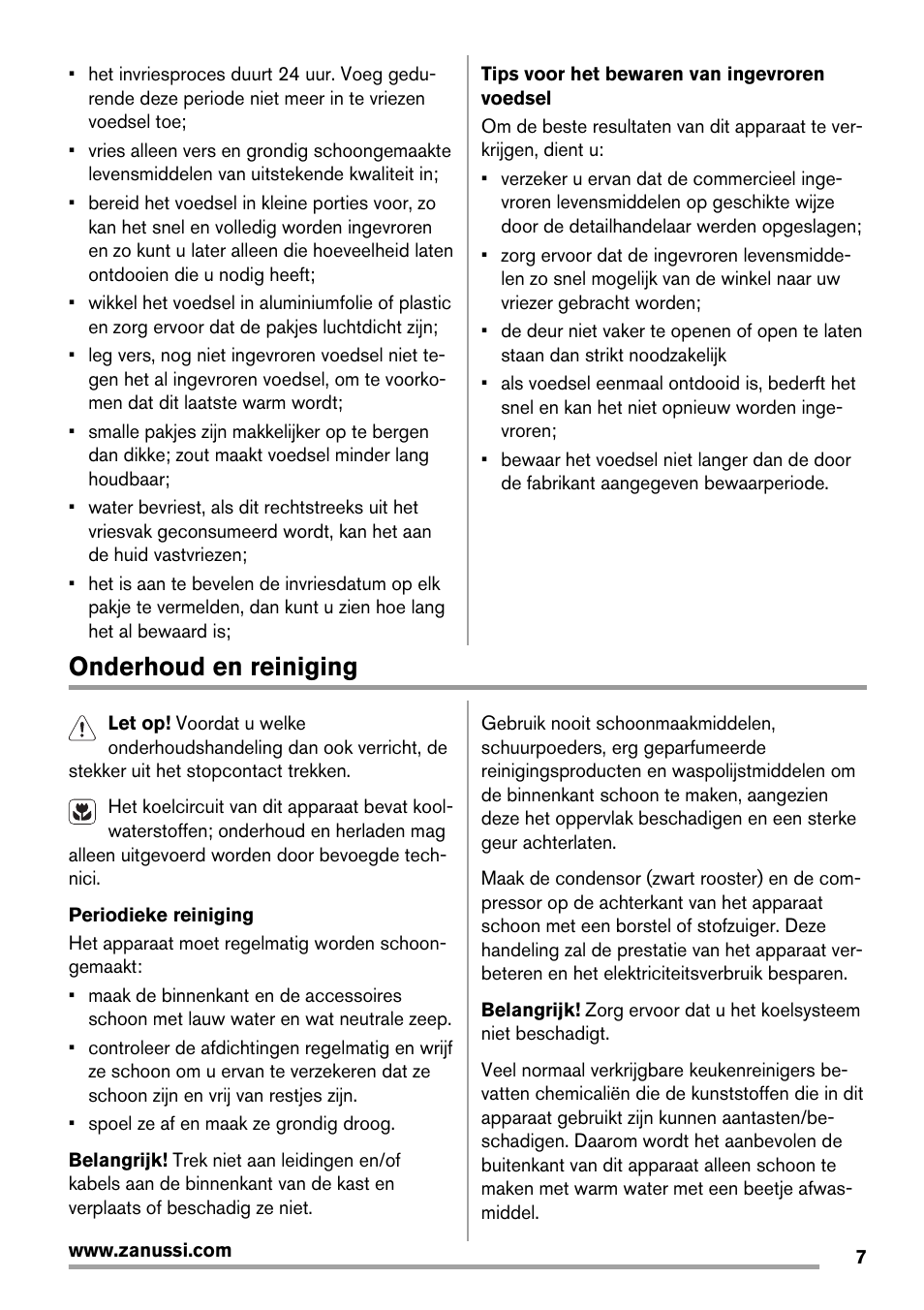 Onderhoud en reiniging | Zanussi ZBB29450SA User Manual | Page 7 / 56