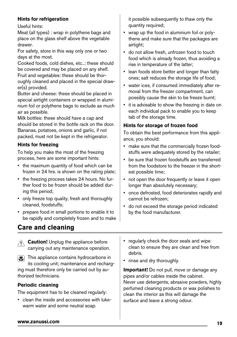 Care and cleaning | Zanussi ZBT20420SA User Manual | Page 19 / 56