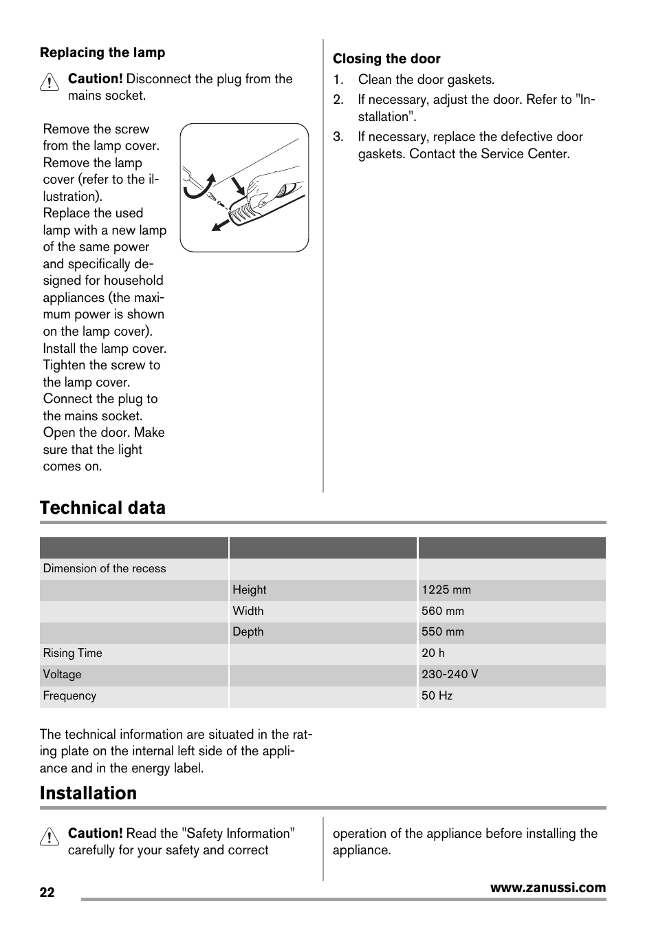 Technical data, Installation | Zanussi ZBT20420SA User Manual | Page 22 / 56