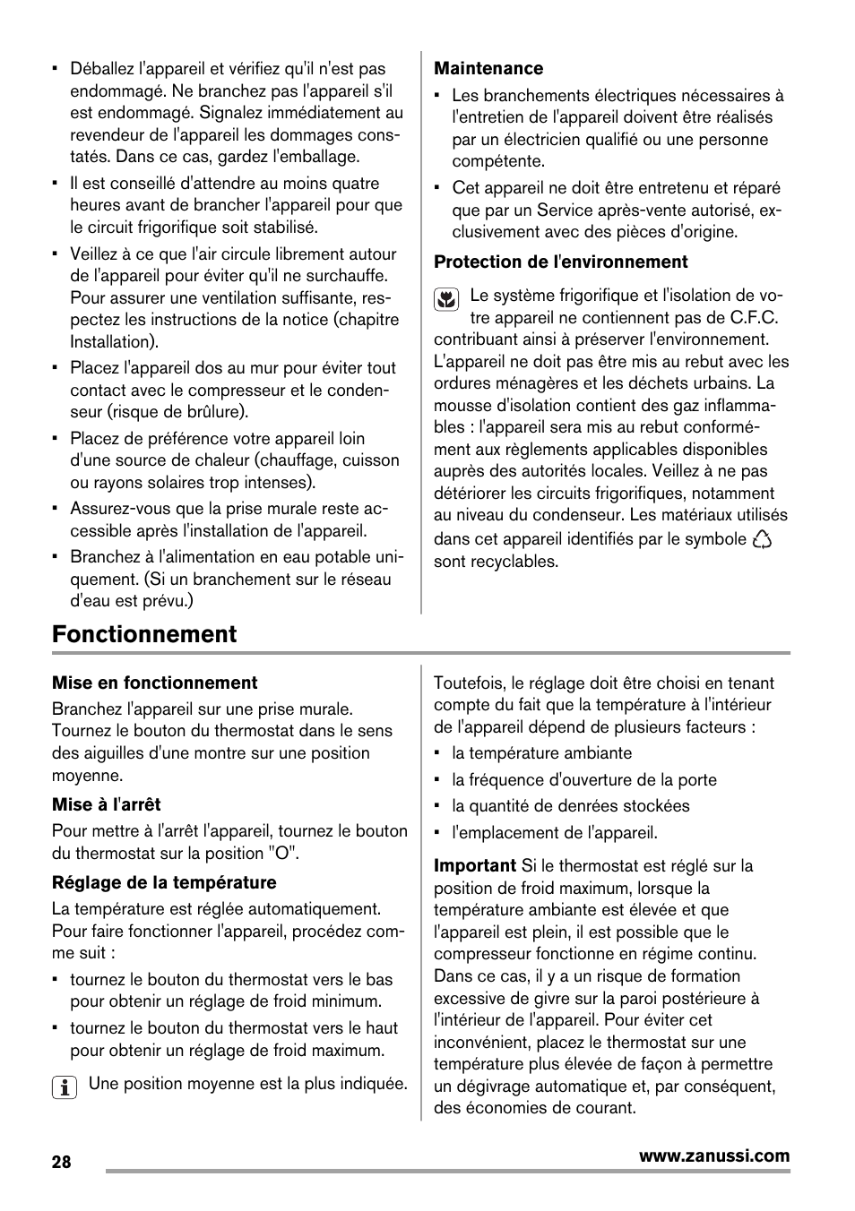 Fonctionnement | Zanussi ZBT20420SA User Manual | Page 28 / 56