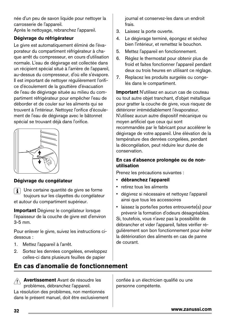 En cas d'anomalie de fonctionnement | Zanussi ZBT20420SA User Manual | Page 32 / 56