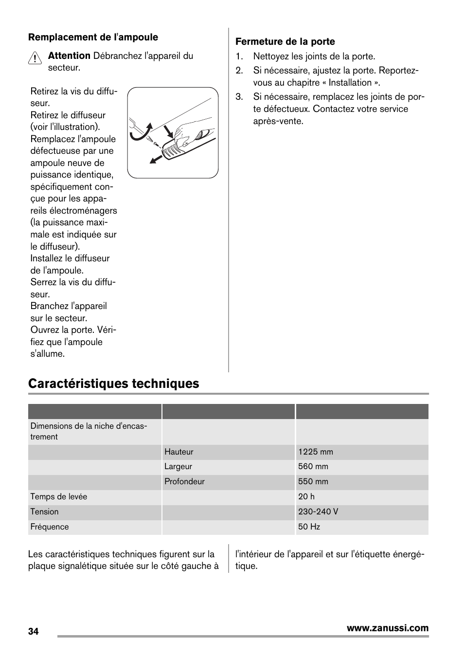 Caractéristiques techniques | Zanussi ZBT20420SA User Manual | Page 34 / 56