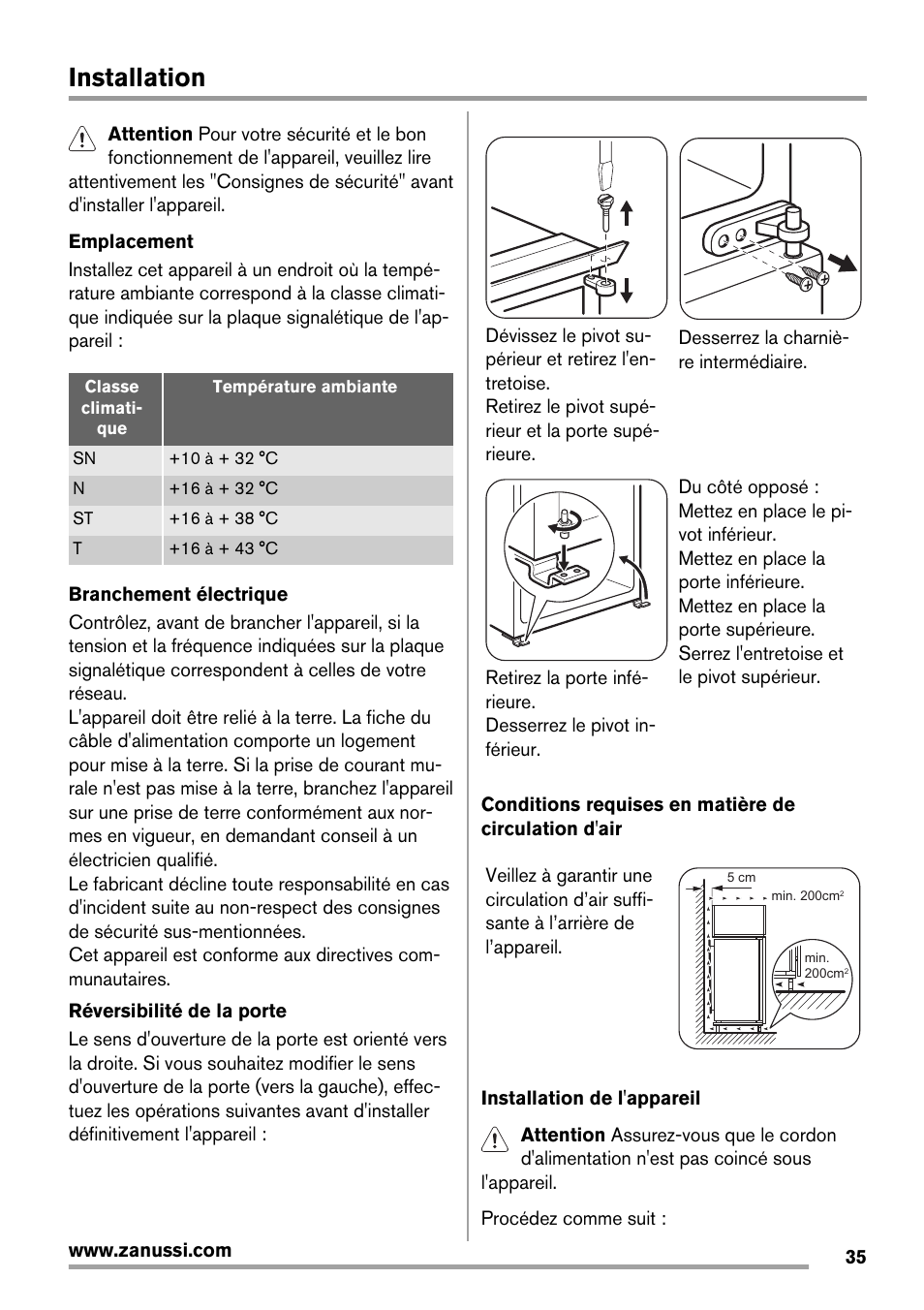 Installation | Zanussi ZBT20420SA User Manual | Page 35 / 56