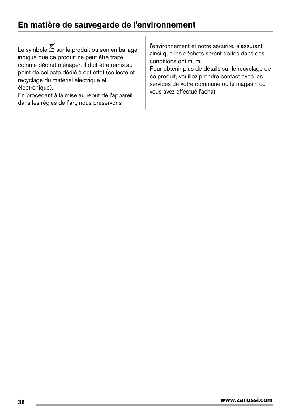 En matière de sauvegarde de l'environnement | Zanussi ZBT20420SA User Manual | Page 38 / 56