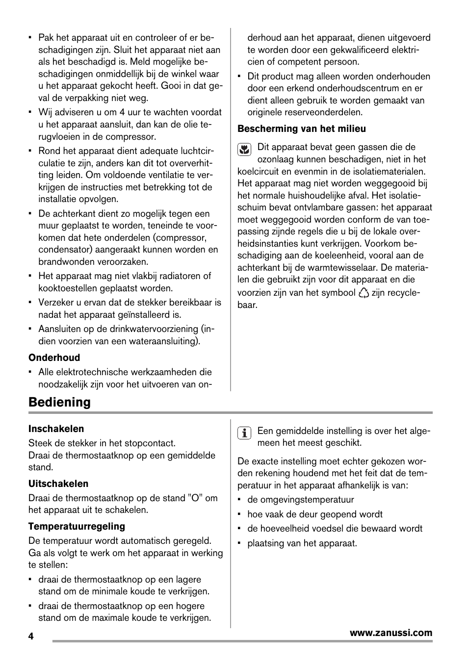 Bediening | Zanussi ZBT20420SA User Manual | Page 4 / 56