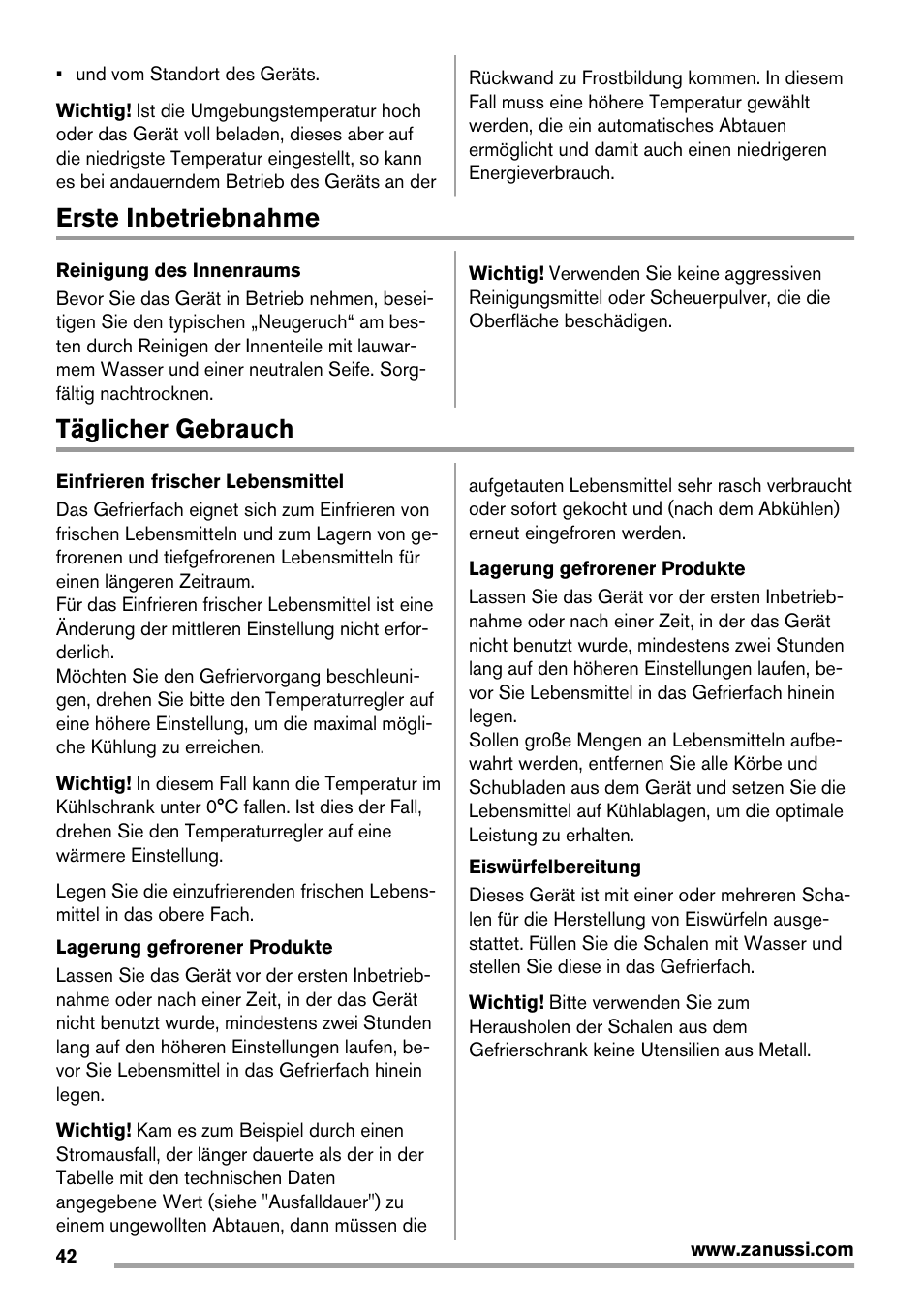 Erste inbetriebnahme, Täglicher gebrauch | Zanussi ZBT20420SA User Manual | Page 42 / 56