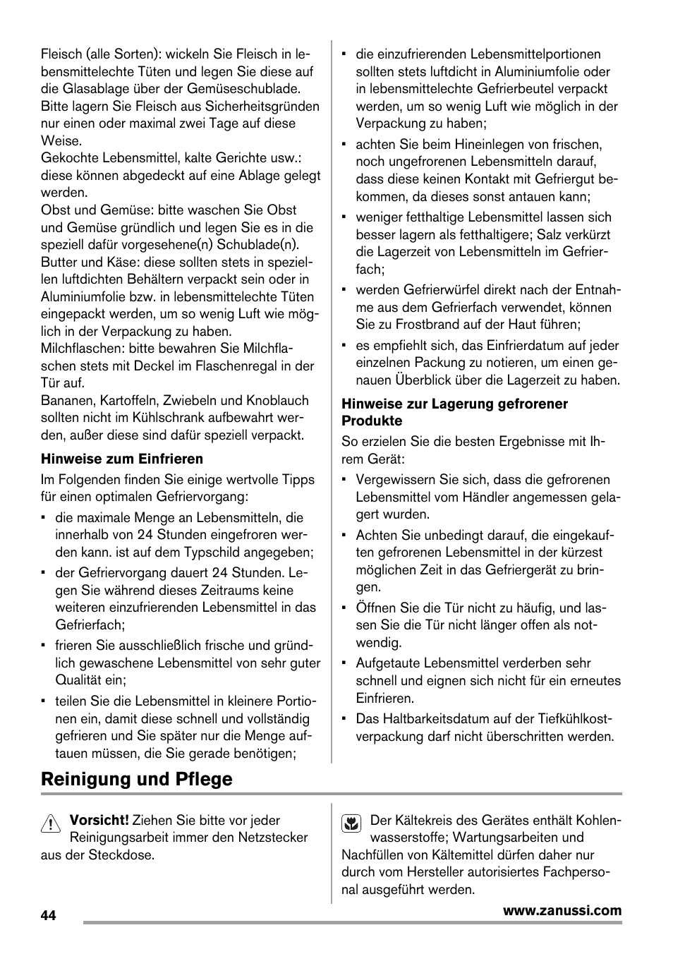Reinigung und pflege | Zanussi ZBT20420SA User Manual | Page 44 / 56
