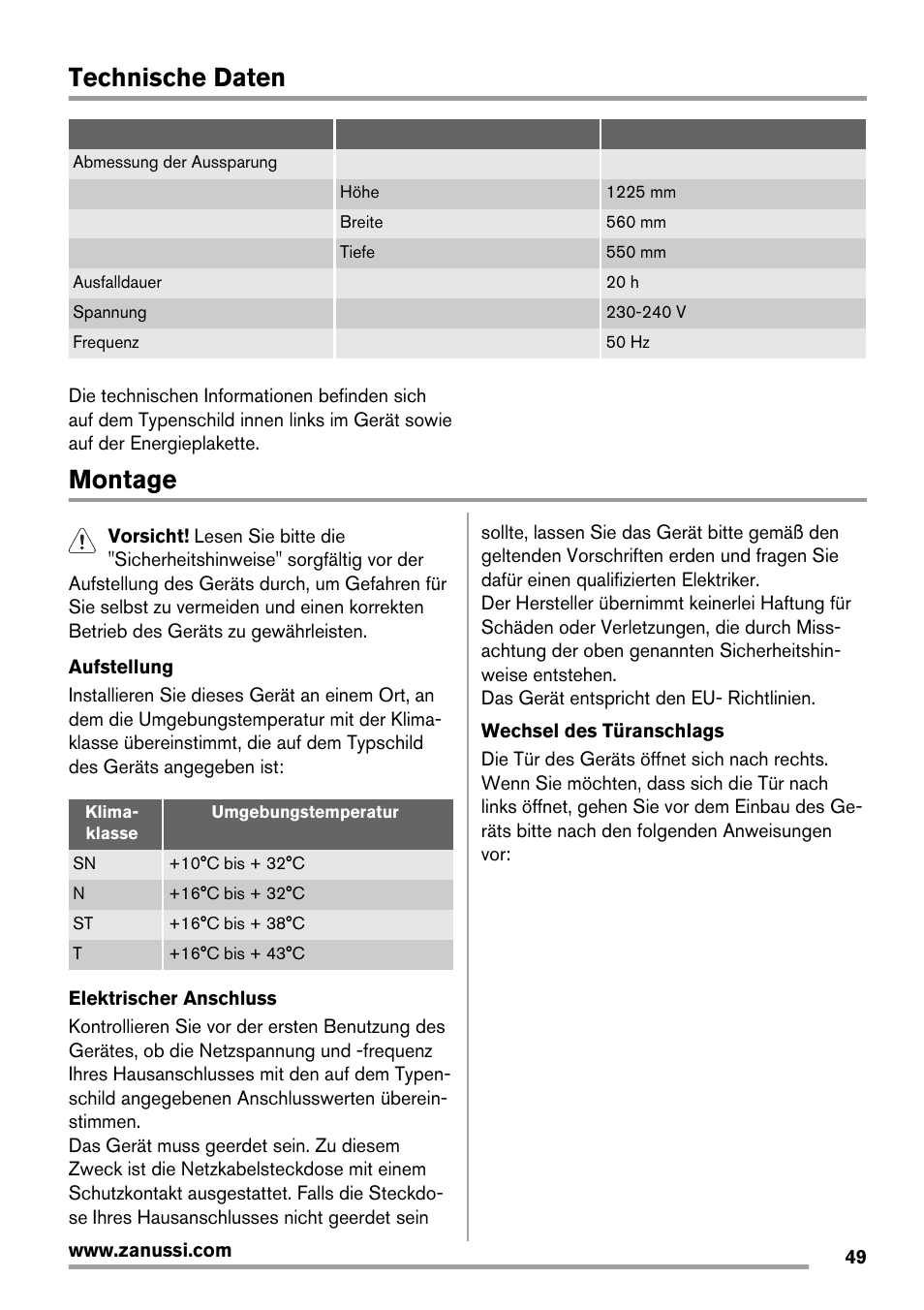 Technische daten, Montage | Zanussi ZBT20420SA User Manual | Page 49 / 56