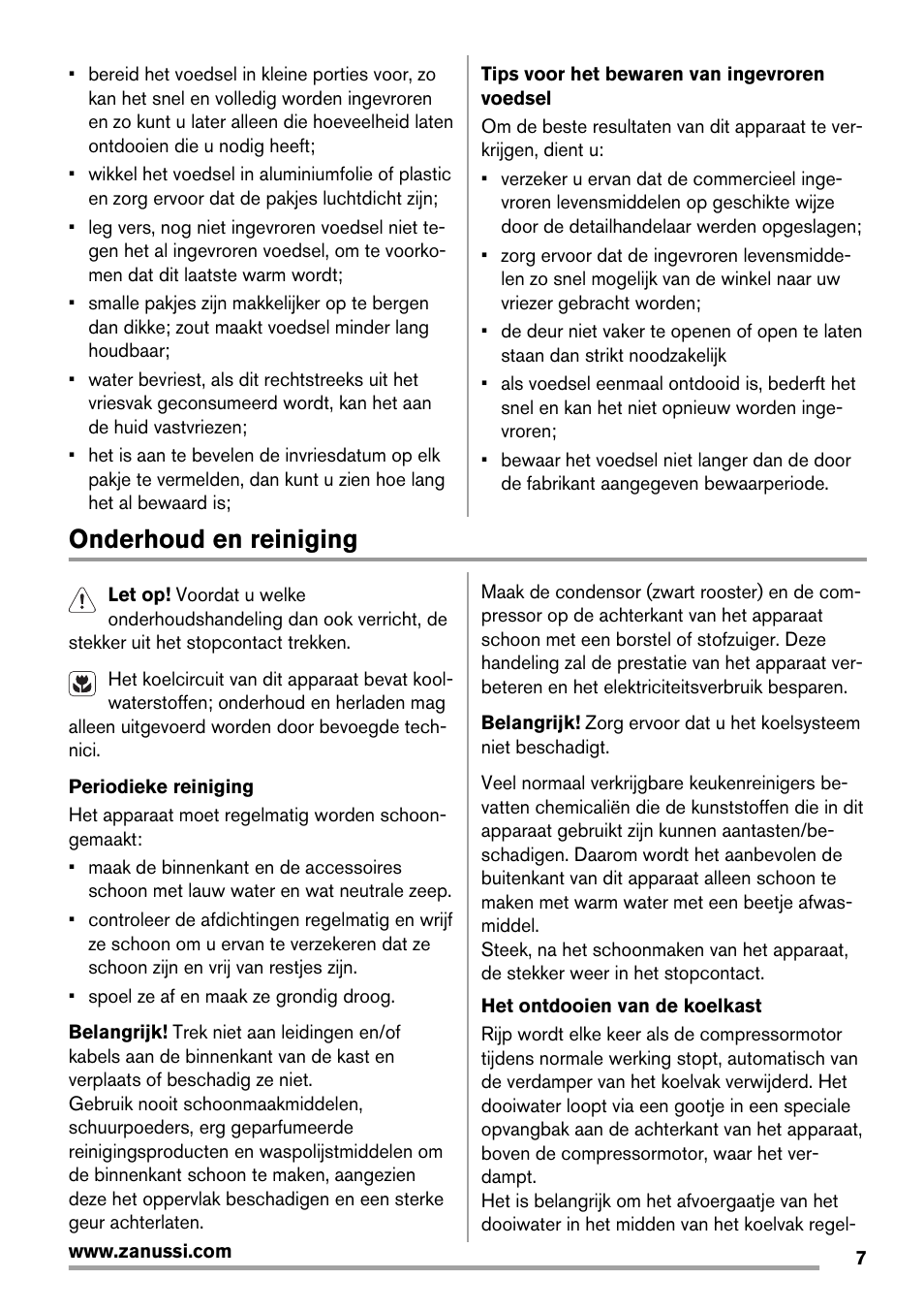 Onderhoud en reiniging | Zanussi ZBT20420SA User Manual | Page 7 / 56