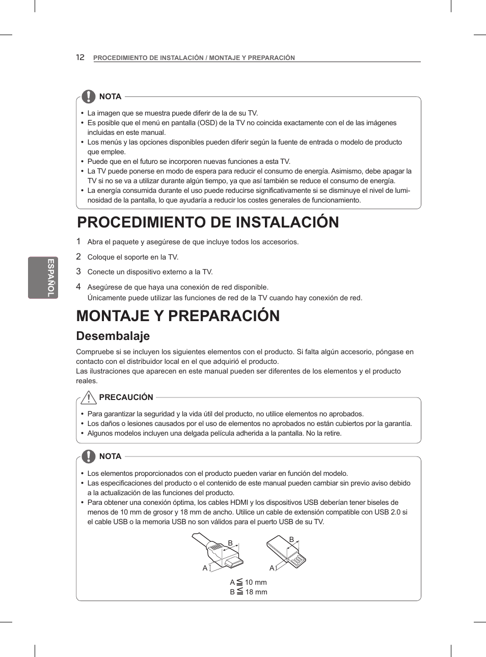 Procedimiento de instalación, Montaje y preparación, Desembalaje | LG 42LM860V User Manual | Page 140 / 276