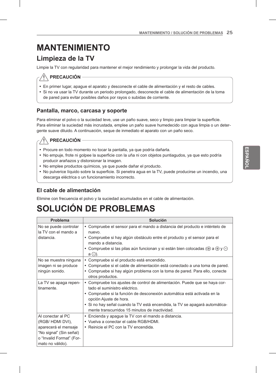 Solución de problemas, Mantenimiento, Limpieza de la tv | LG 42LM860V User Manual | Page 153 / 276