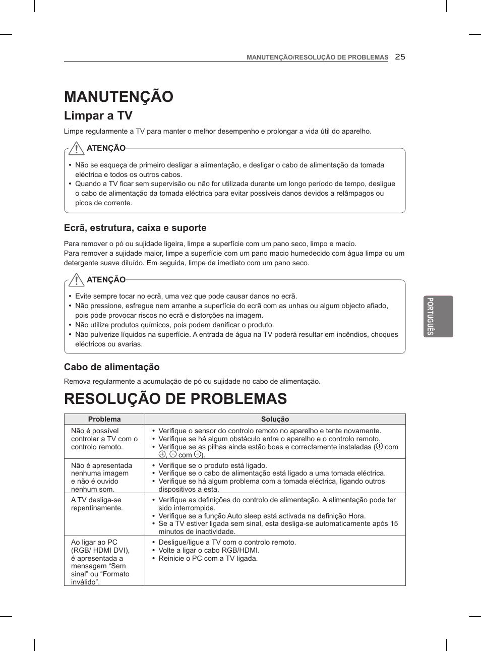 Resolução de problemas, Manutenção, Limpar a tv | LG 42LM860V User Manual | Page 181 / 276