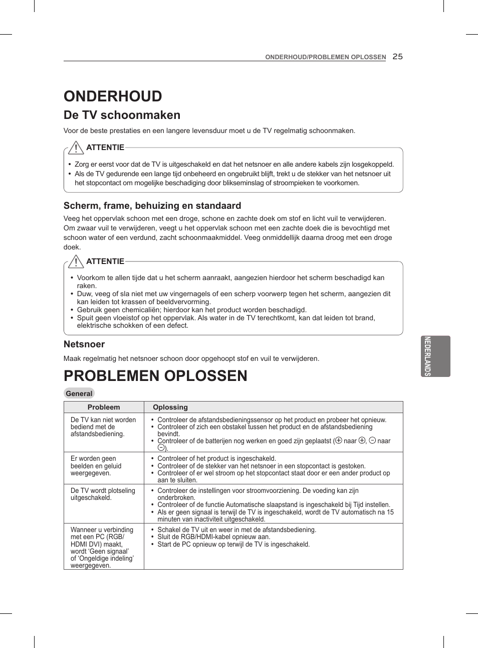 Problemen oplossen, Onderhoud, De tv schoonmaken | LG 42LM860V User Manual | Page 209 / 276