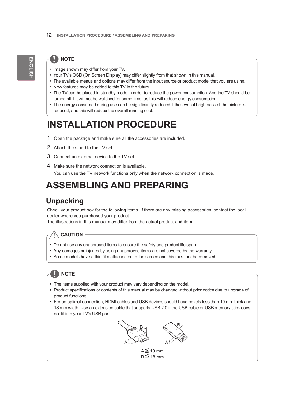 Installation procedure, Assembling and preparing, Unpacking | LG 42LM860V User Manual | Page 22 / 276