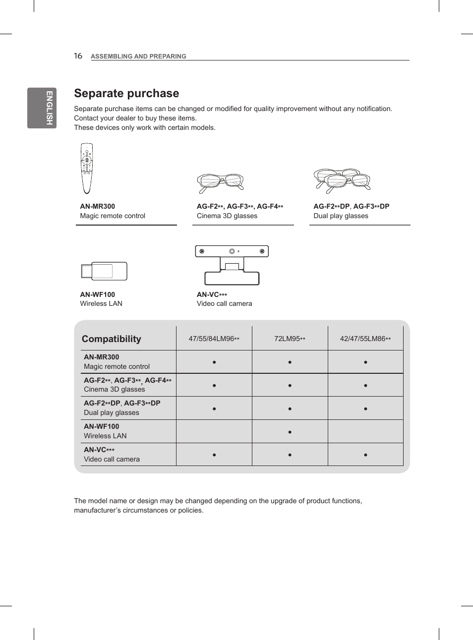 Separate purchase | LG 42LM860V User Manual | Page 26 / 276