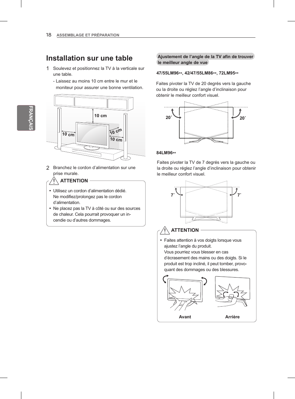 Installation sur une table | LG 42LM860V User Manual | Page 84 / 276