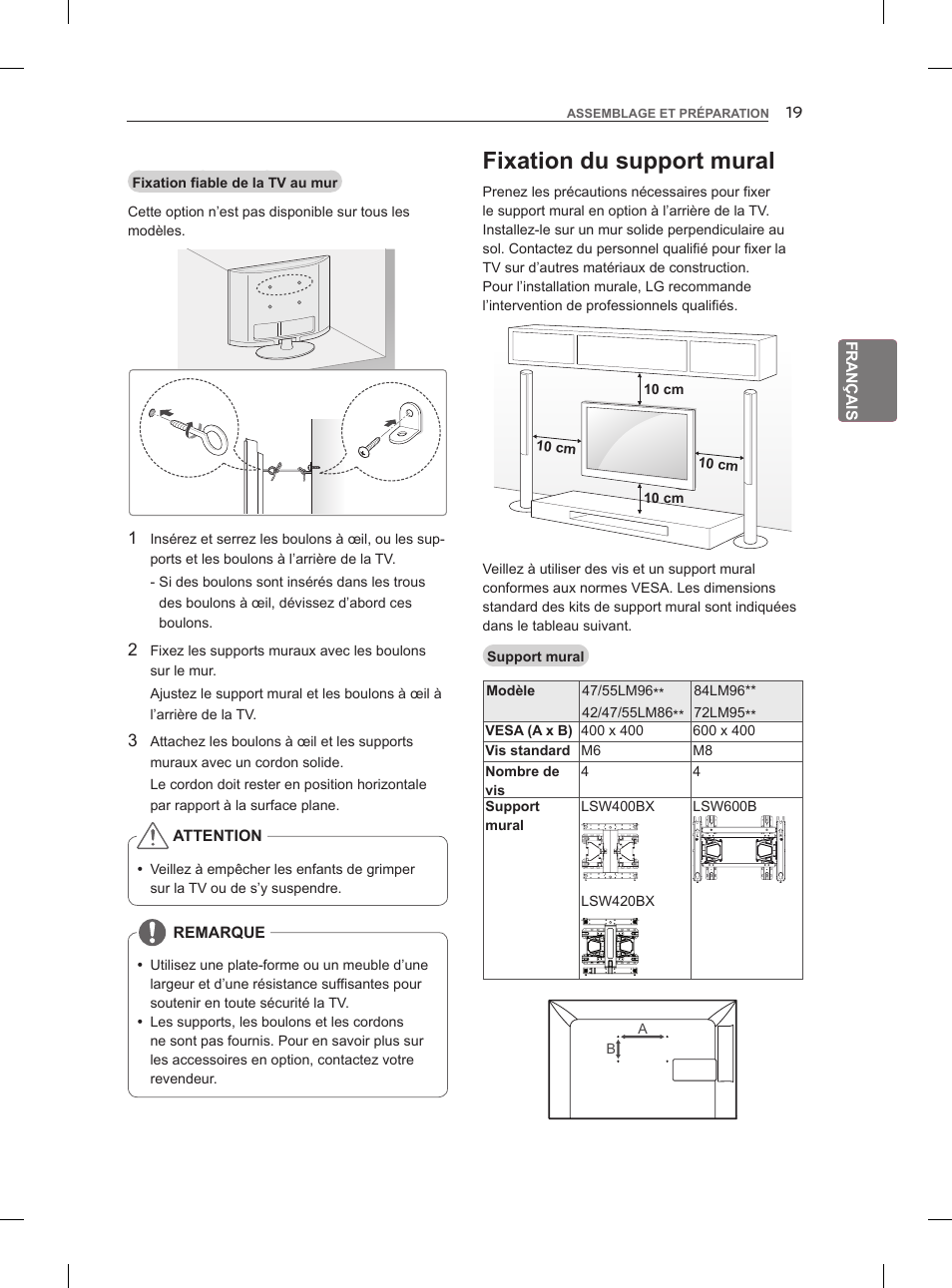 Fixation du support mural | LG 42LM860V User Manual | Page 85 / 276
