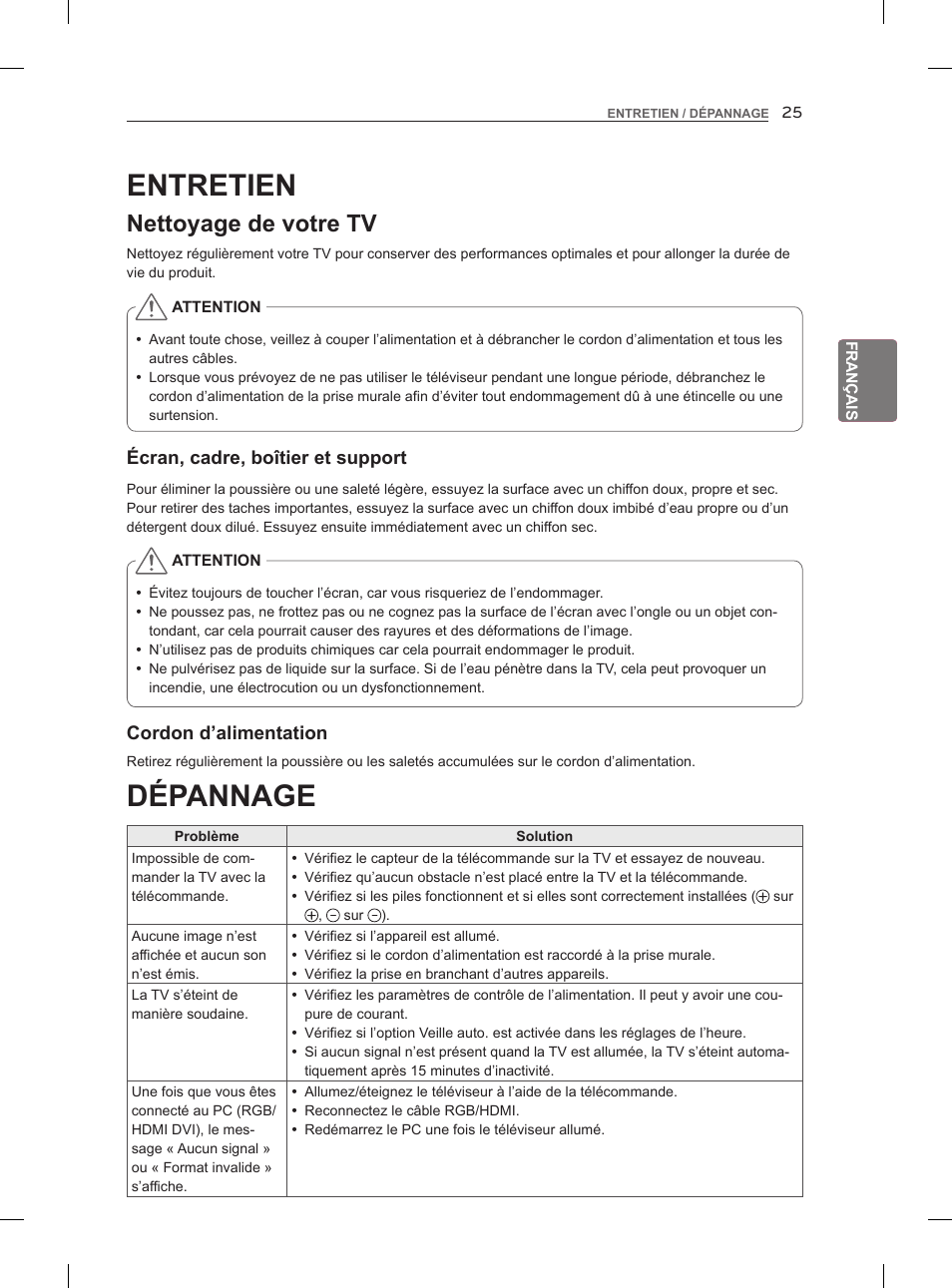 Dépannage, Entretien, Nettoyage de votre tv | LG 42LM860V User Manual | Page 91 / 276