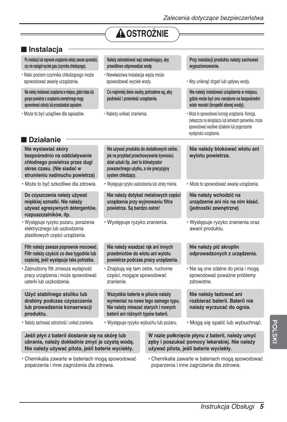 Ostrożnie, N instalacja, N działanie | Instrukcja obsługi 5 polski | LG ARNU24GSCL2 User Manual | Page 101 / 229