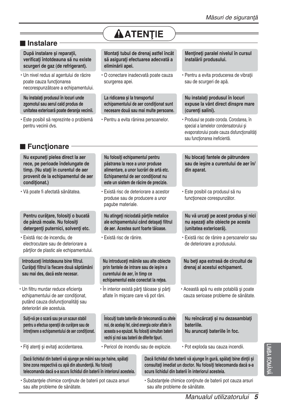 N instalare, N funcţionare, Manualul utilizatorului 5 limba română | LG ARNU24GSCL2 User Manual | Page 113 / 229