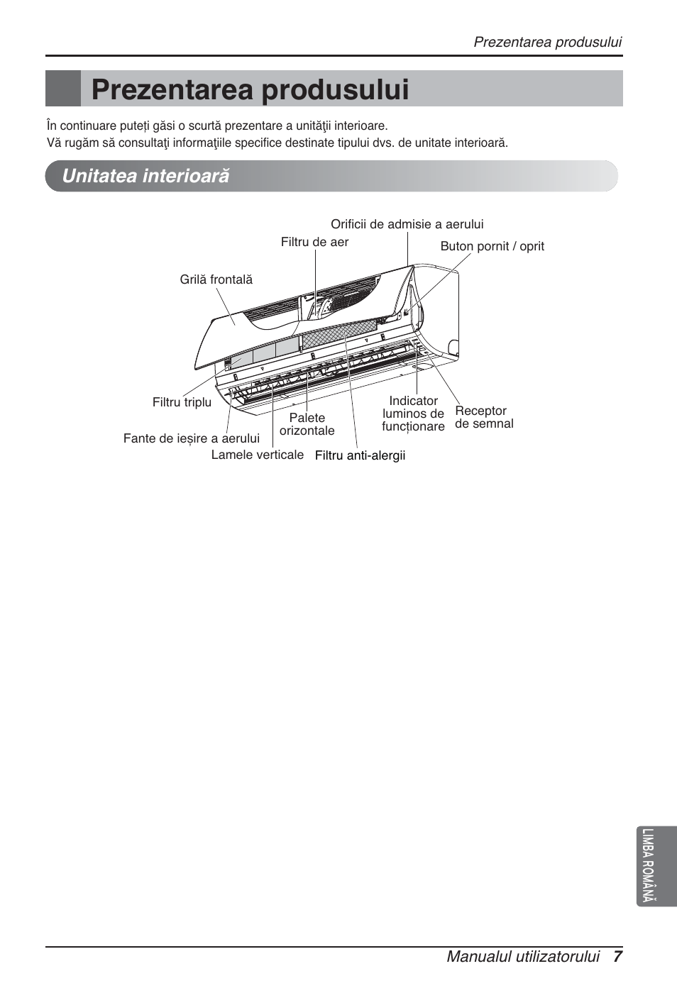 Prezentarea produsului, Unitatea interioară | LG ARNU24GSCL2 User Manual | Page 115 / 229