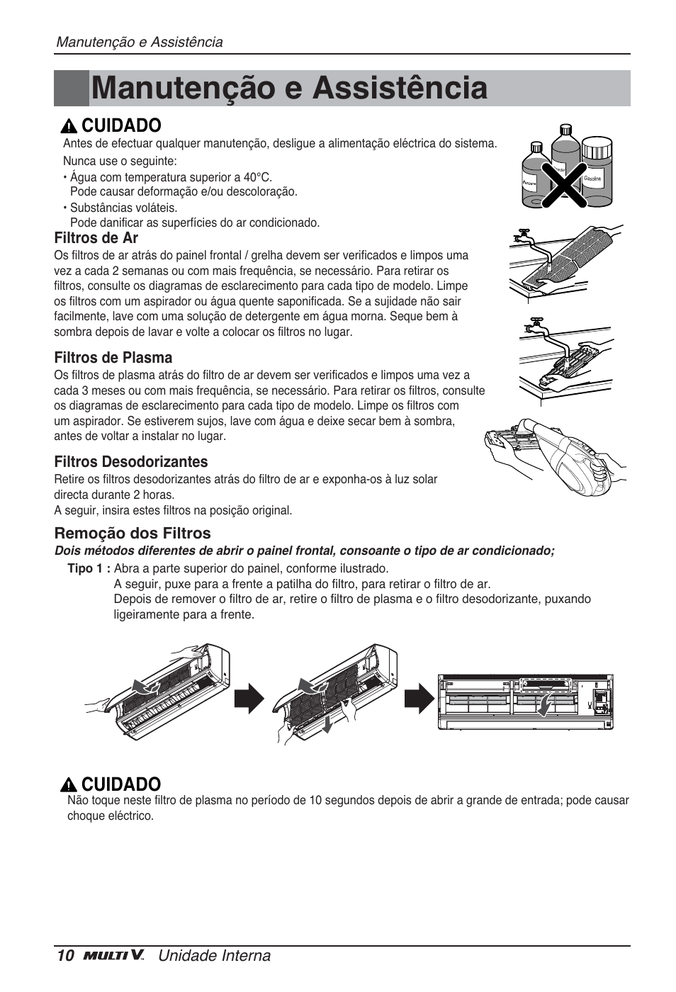 Manutenção e assistência, Cuidado | LG ARNU24GSCL2 User Manual | Page 130 / 229