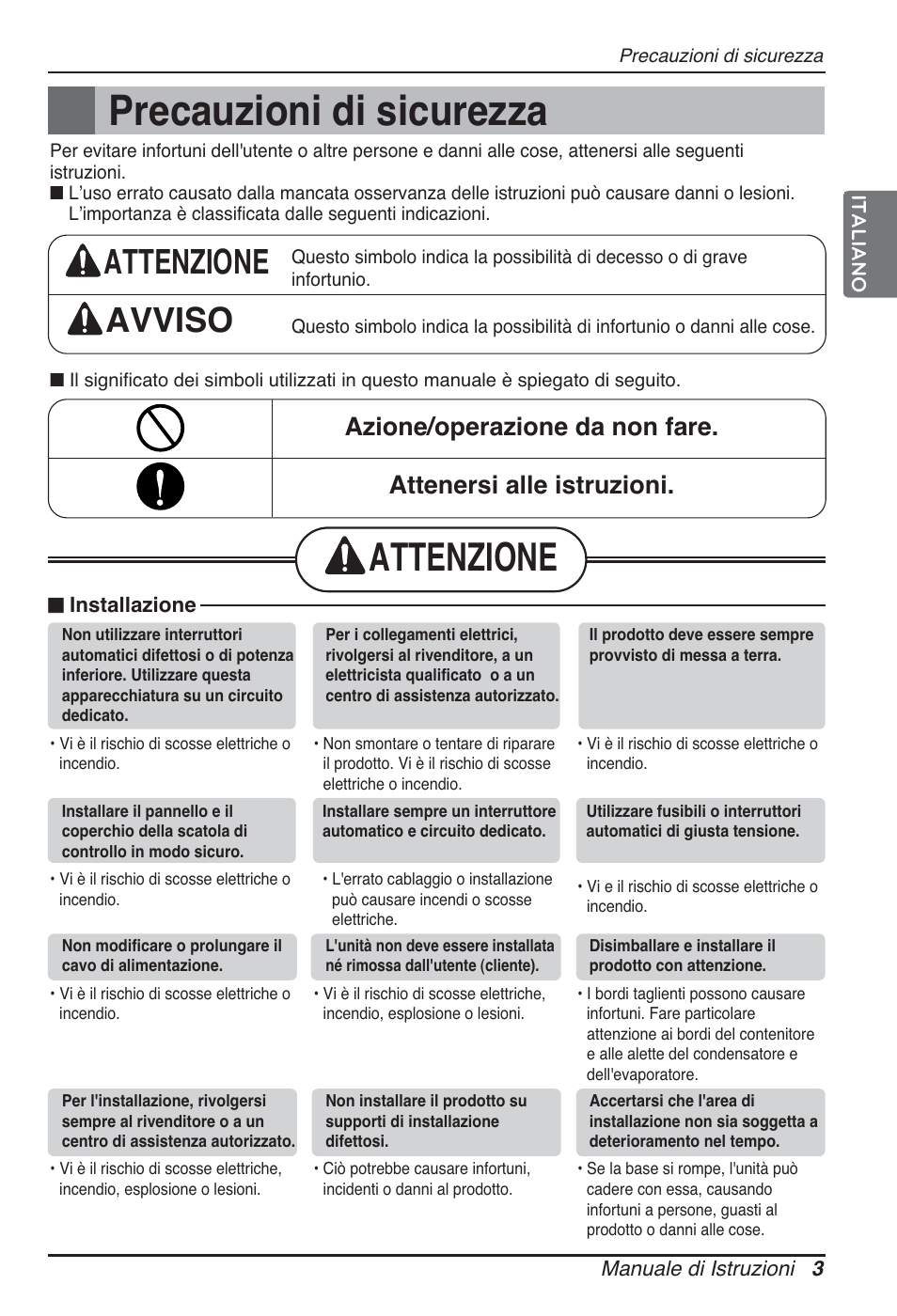 Precauzioni di sicurezza, Attenzione, Attenzione avviso | LG ARNU24GSCL2 User Manual | Page 15 / 229
