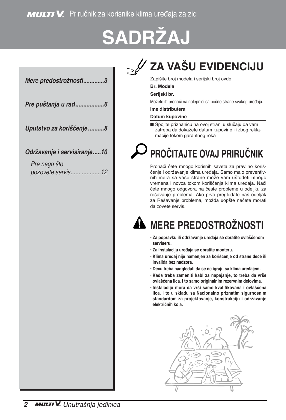 Sadržaj, Za vašu evidenciju, Pročitajte ovaj priručnik | Mere predostrožnosti, Priručnik za korisnike klima uređaja za zid | LG ARNU24GSCL2 User Manual | Page 158 / 229