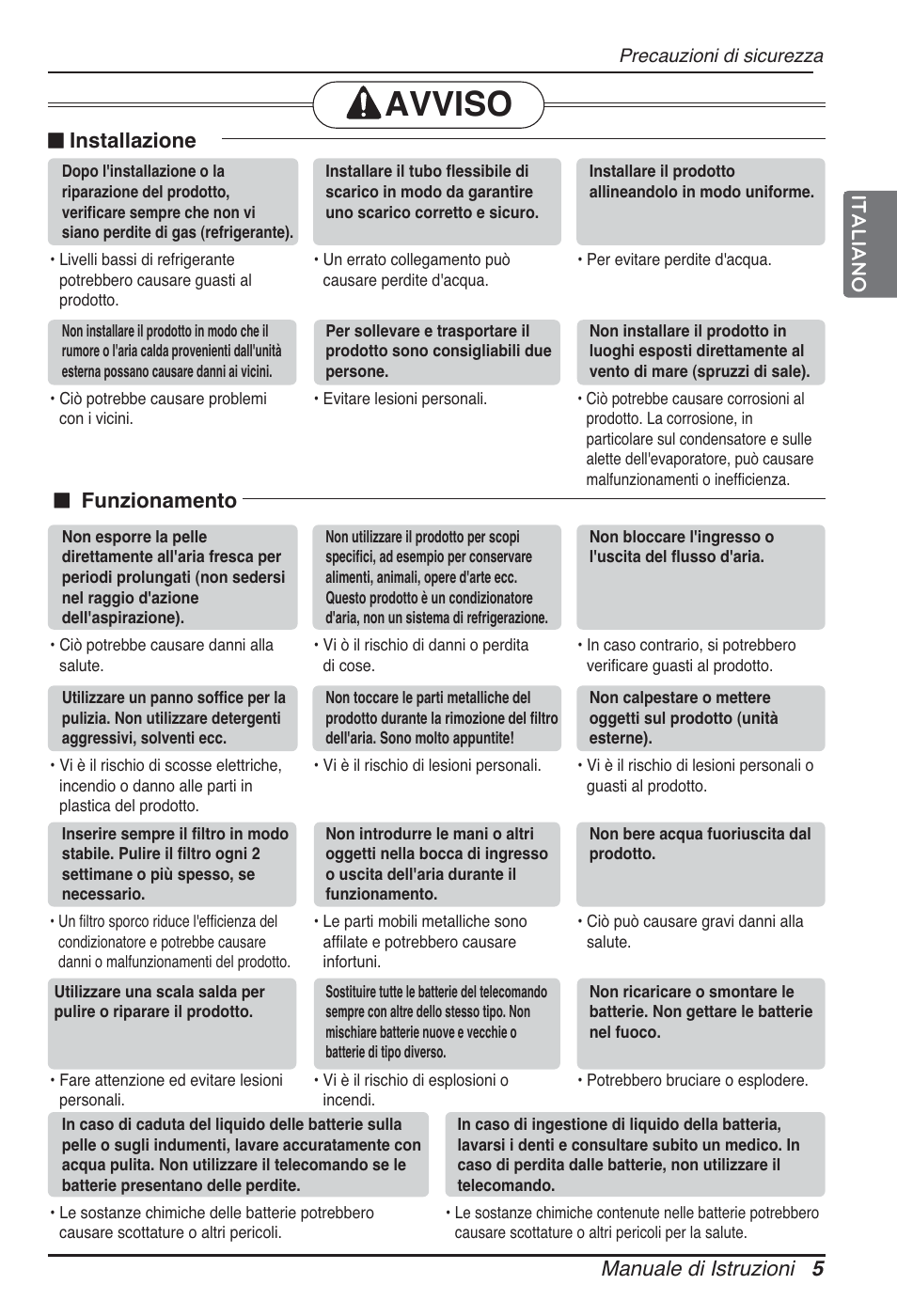 Avviso, Manuale di istruzioni 5 italiano n installazione, N funzionamento | LG ARNU24GSCL2 User Manual | Page 17 / 229