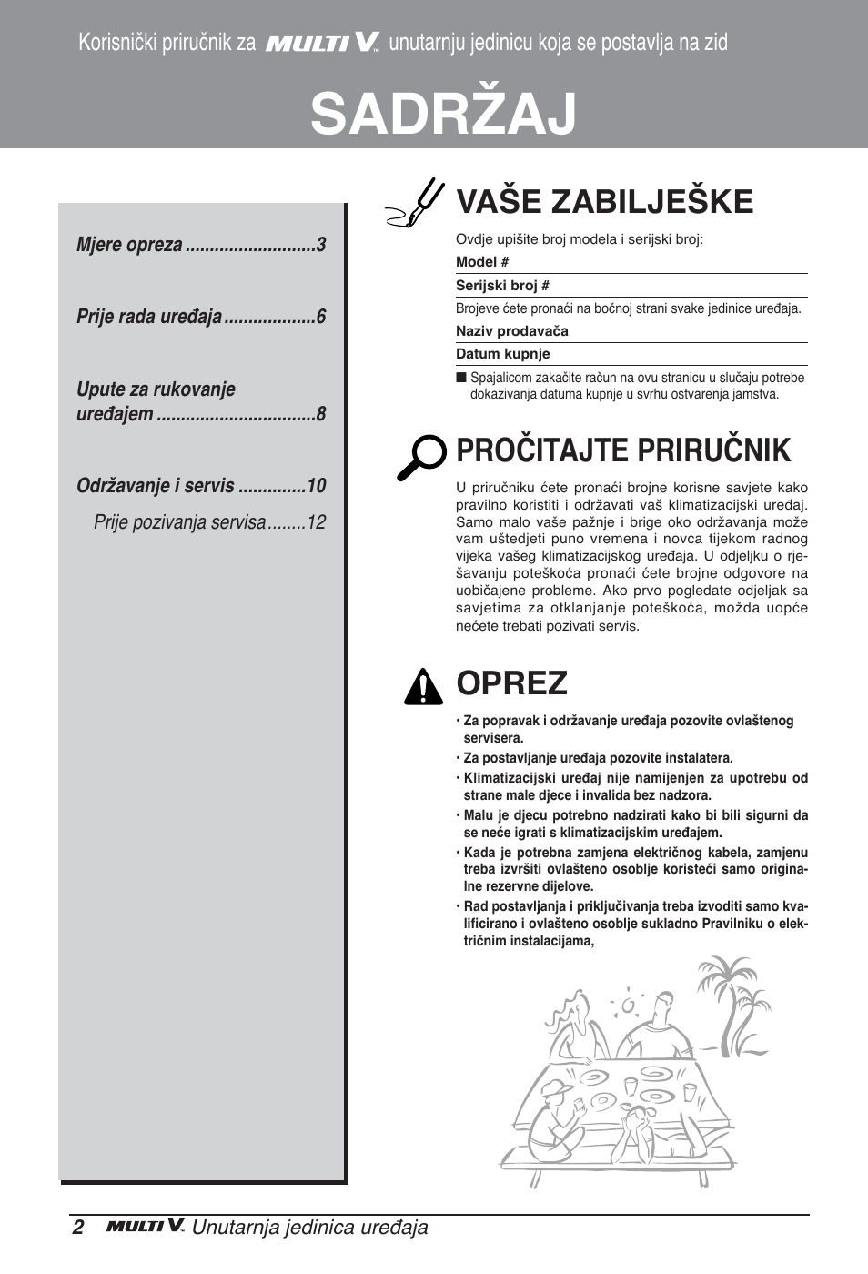 Sadržaj, Vaše zabilješke, Pročitajte priručnik | Oprez | LG ARNU24GSCL2 User Manual | Page 170 / 229