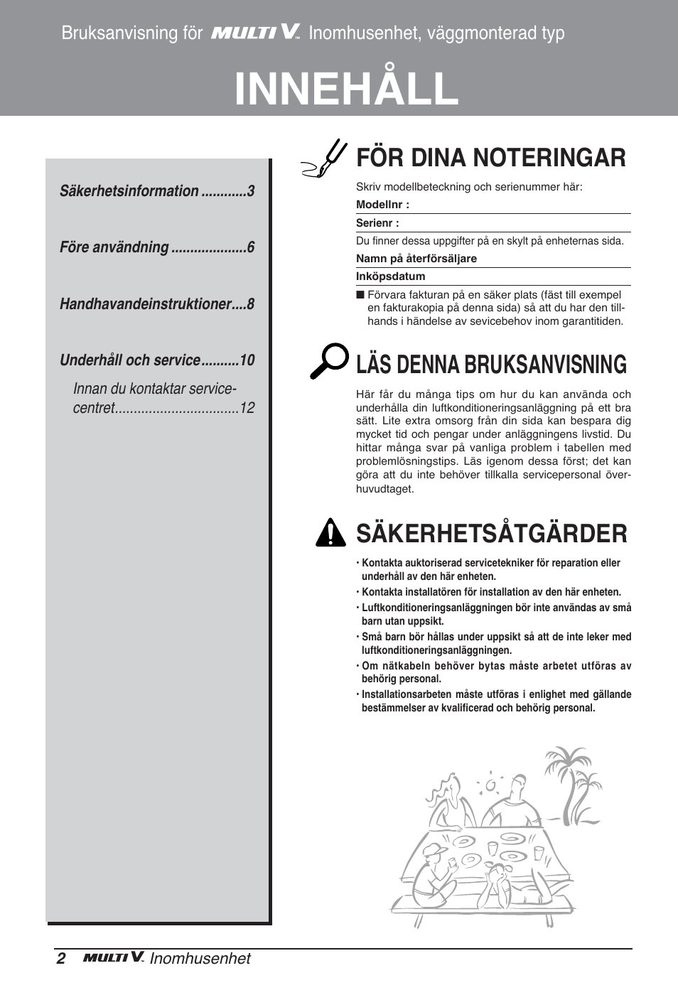 Innehåll, Läs denna bruksanvisning, Säkerhetsåtgärder | Bruksanvisning för inomhusenhet, väggmonterad typ | LG ARNU24GSCL2 User Manual | Page 182 / 229