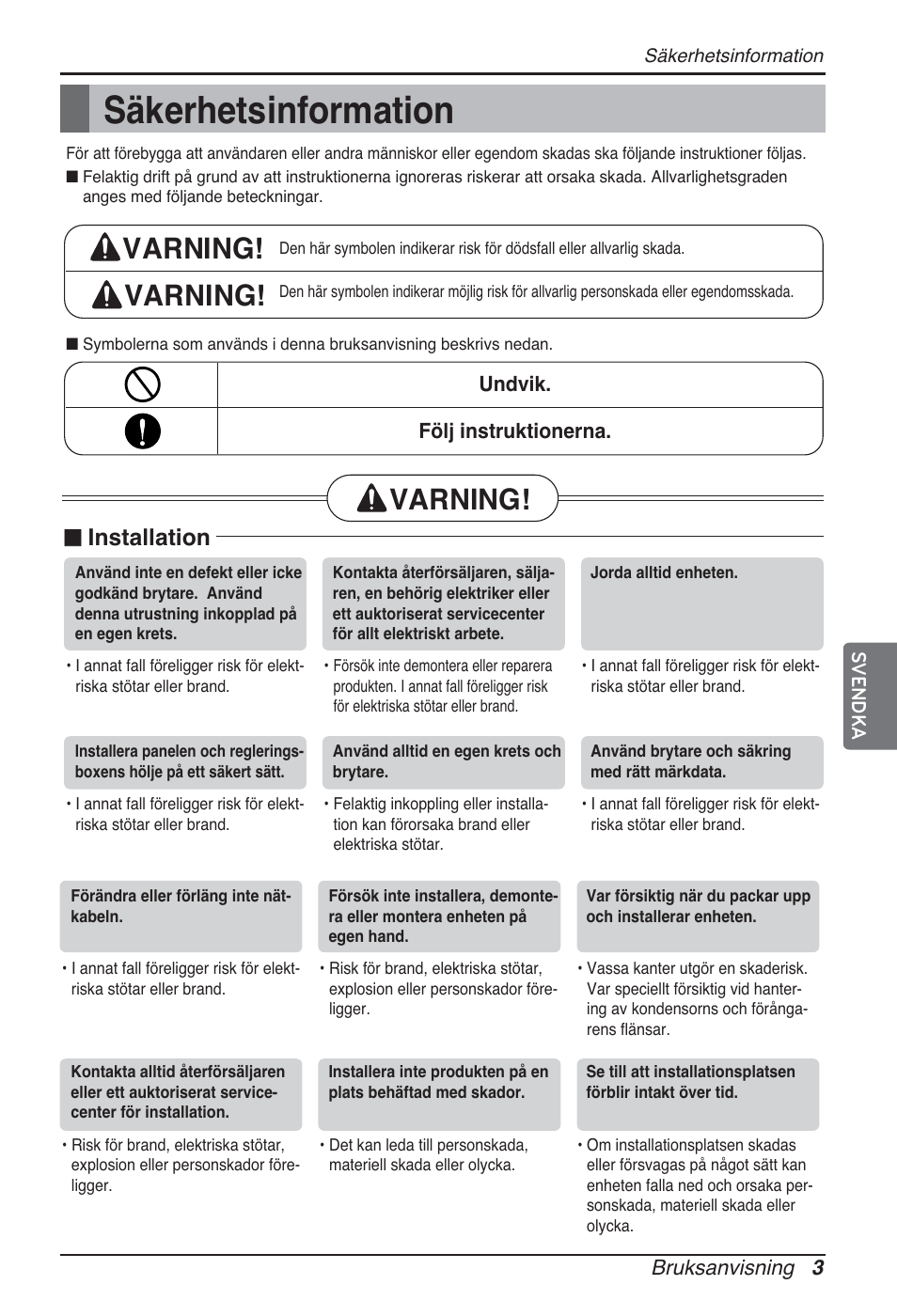 Säkerhetsinformation, Varning, N installation | LG ARNU24GSCL2 User Manual | Page 183 / 229