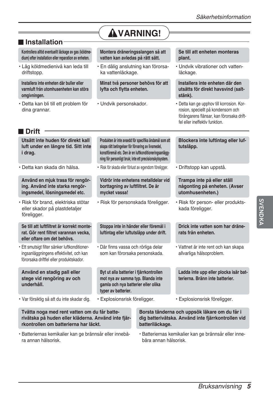 Varning, N installation, N drift | Bruksanvisning 5 svendka | LG ARNU24GSCL2 User Manual | Page 185 / 229
